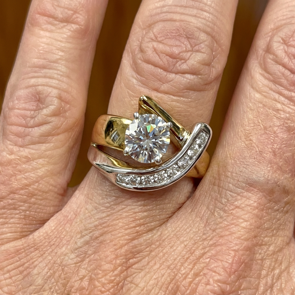 Elegant Two Tone Gold Round Cut Zirconia Swirl Ring