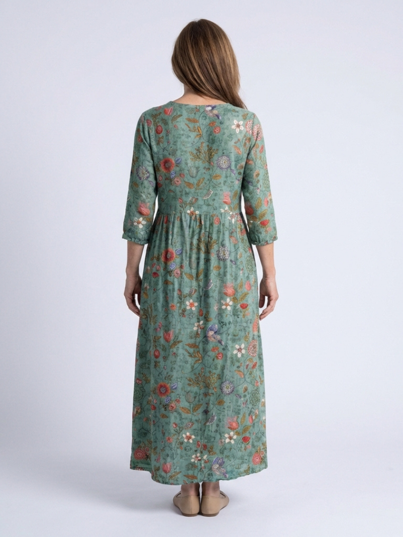 Marina | Vestido longo floral com decote em V e mangas três quartos