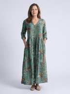 Marina | Vestido longo floral com decote em V e mangas três quartos