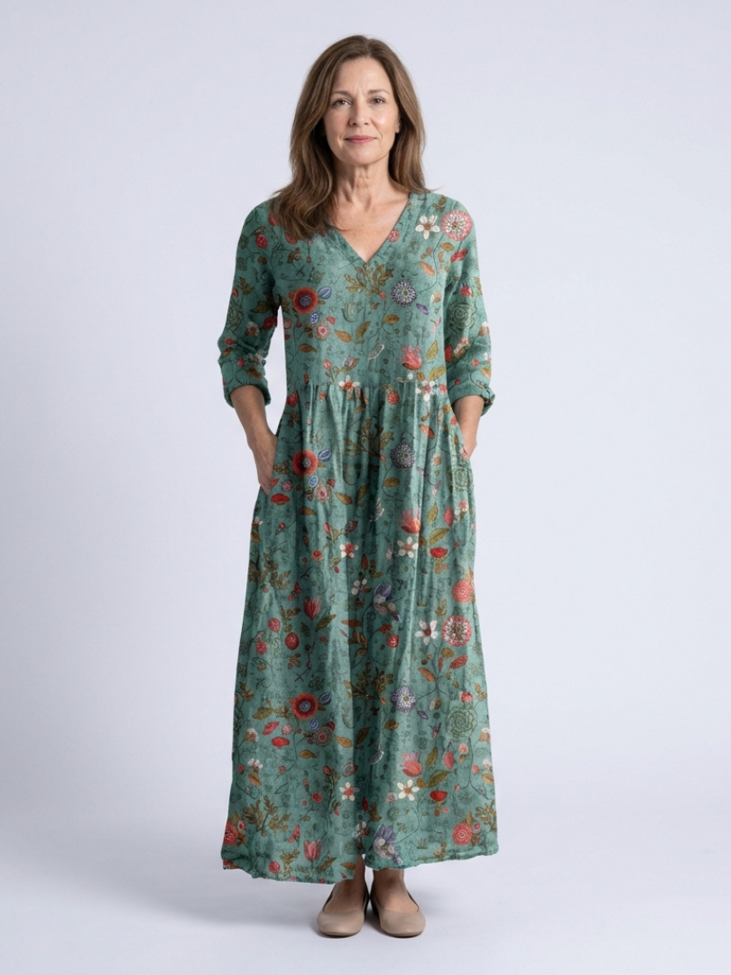 Marina | Vestido longo floral com decote em V e mangas três quartos