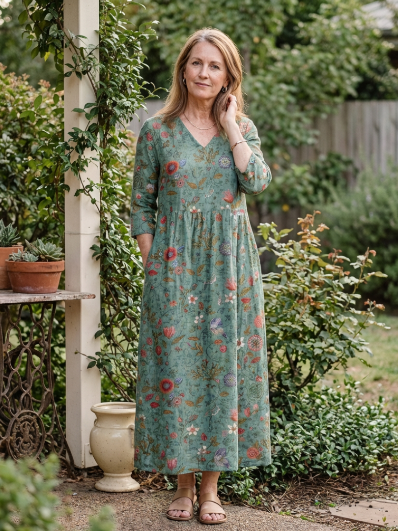 Marina | Vestido longo floral com decote em V e mangas três quartos