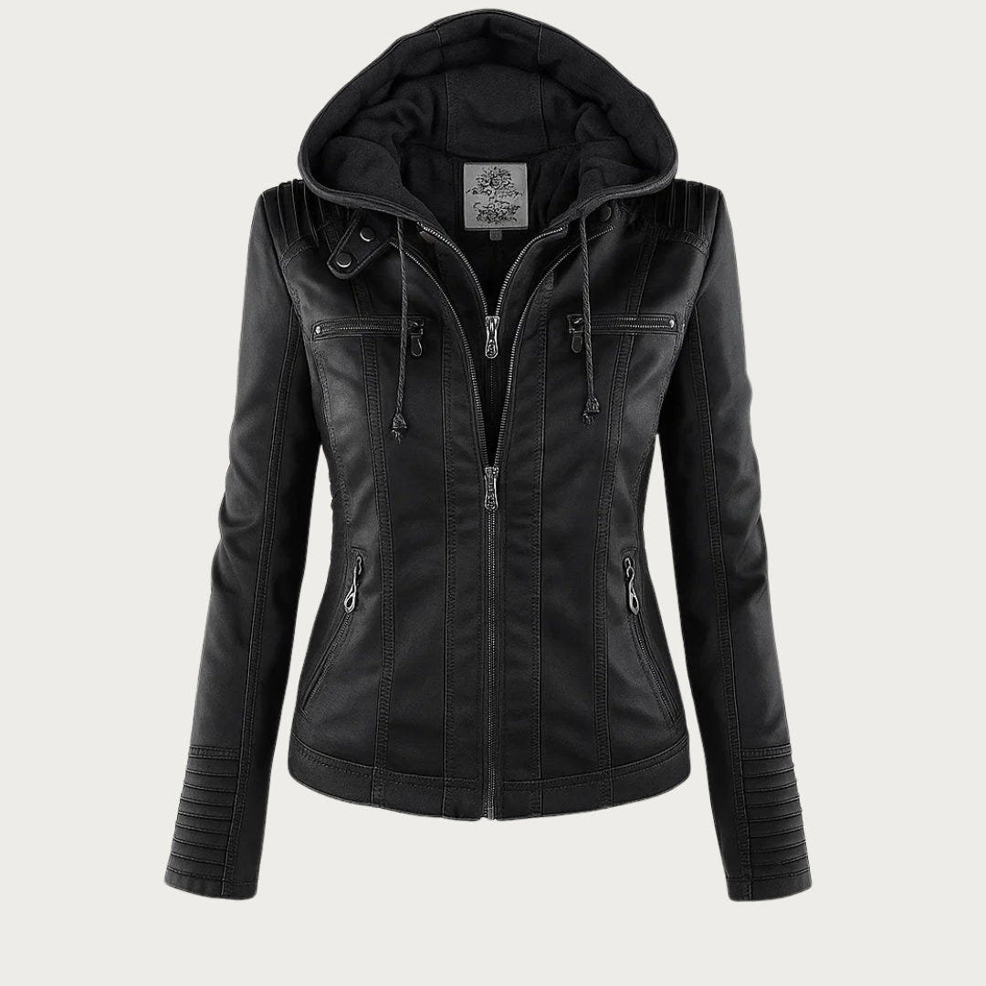 Leather Biker Jacket with Removable Hood and Zip Detail
