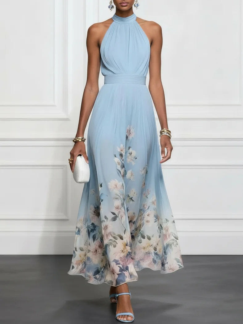 Rosalyn | Robe longue dos nu en mousseline bleue à fleurs