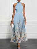 Rosalyn | Vestido maxi azul floral de chiffon com frente única