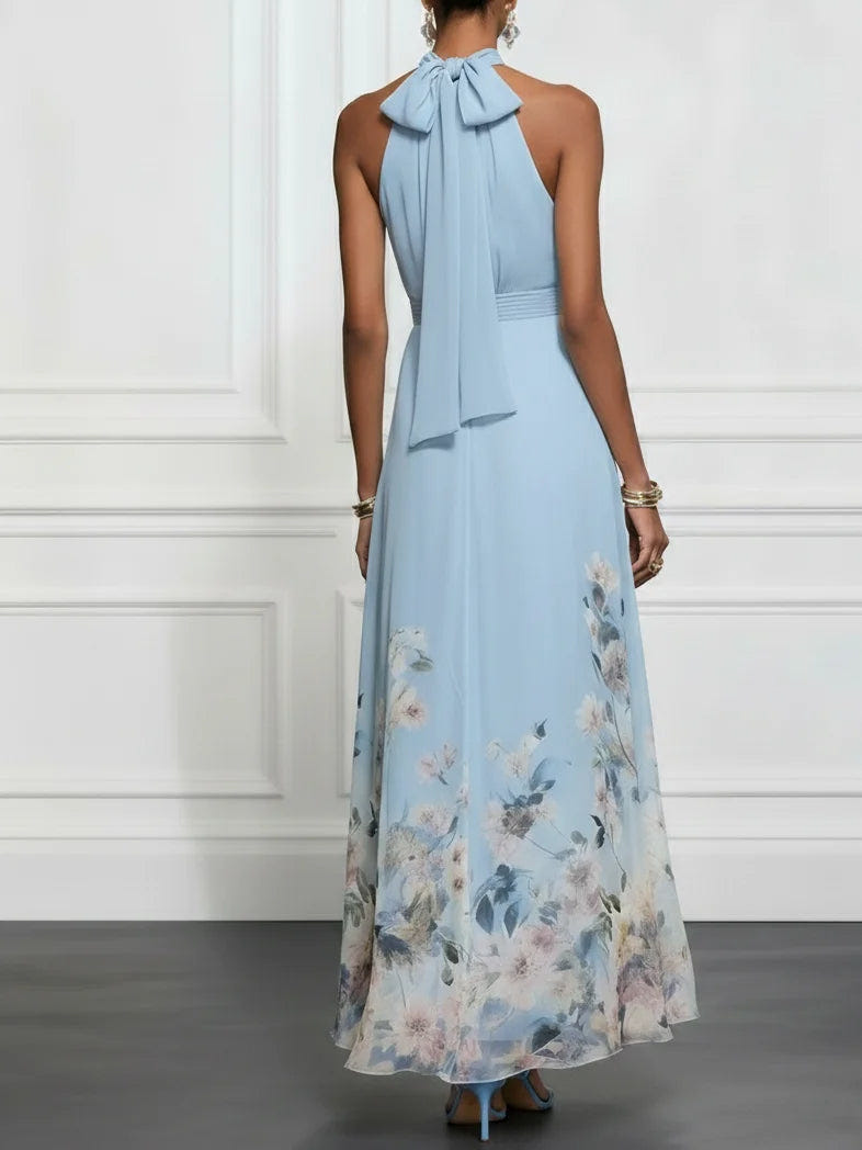Rosalyn | Robe longue dos nu en mousseline bleue à fleurs