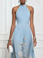 Rosalyn | Vestido maxi azul floral de chiffon com frente única