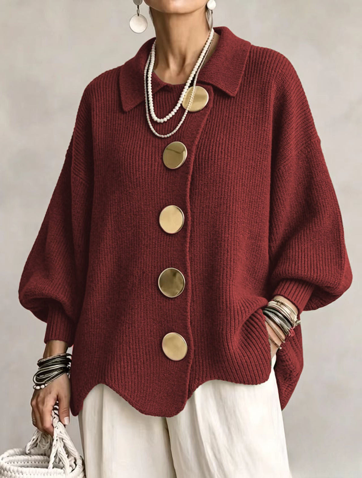 Isadora Bennett and Lowe oversized women's collared cardigan in soft knit, featuring a relaxed fit and button-up front.