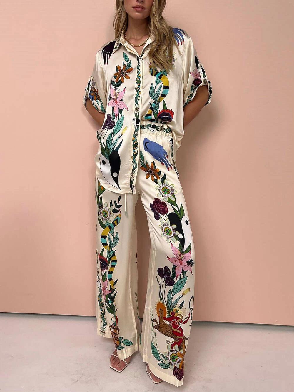 Conjunto de camisa estampada de satén y pantalones Luca