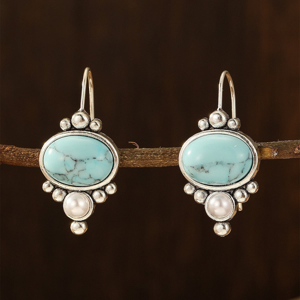 Pendientes colgantes vintage de turquesa y perla chapados en plata