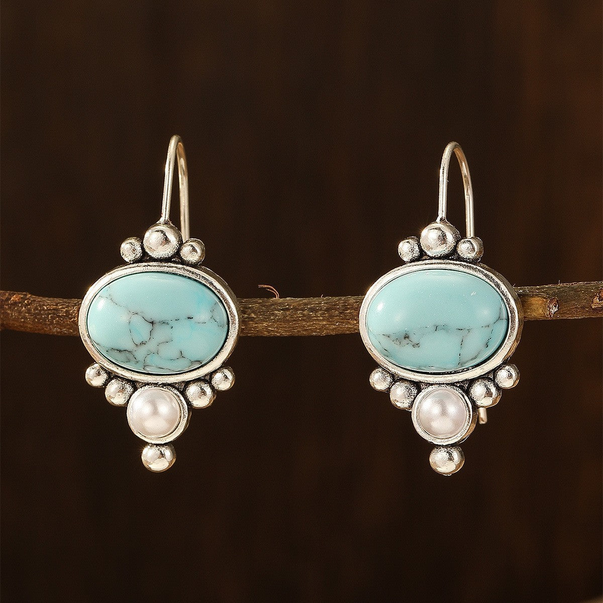Pendientes colgantes vintage de turquesa y perla chapados en plata