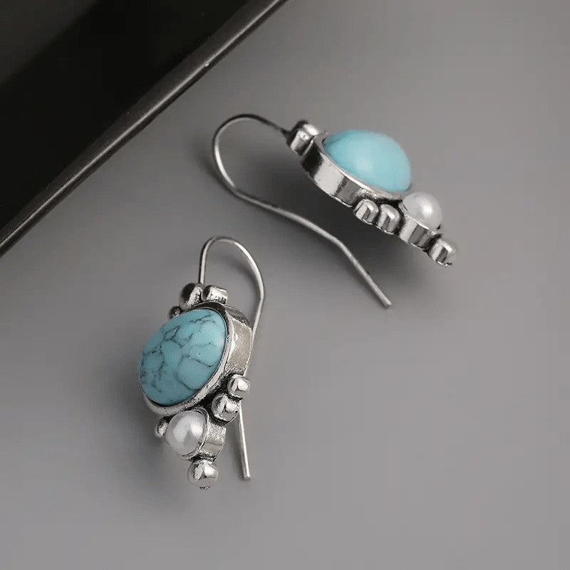 Pendientes colgantes vintage de turquesa y perla chapados en plata