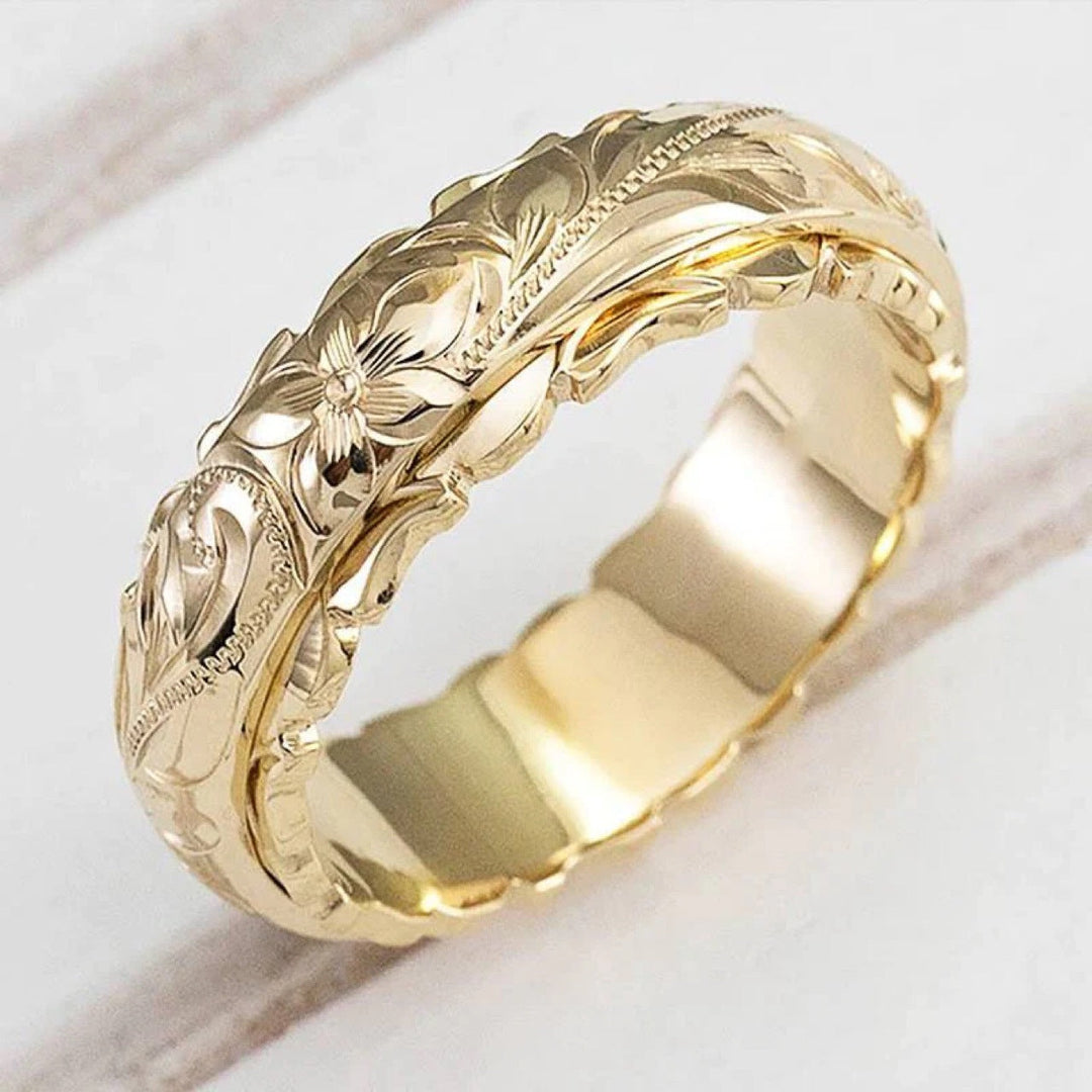 Vintage Style Floral Engraved Gold Plated Band Ring