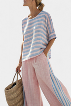 Virella | Blouse élégante en lin rose et bleu et pantalon doux
