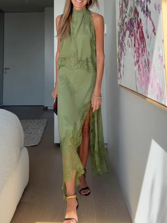 Conjunto de Top Plisado de Encaje + Falda con Abertura Irregular Isabella