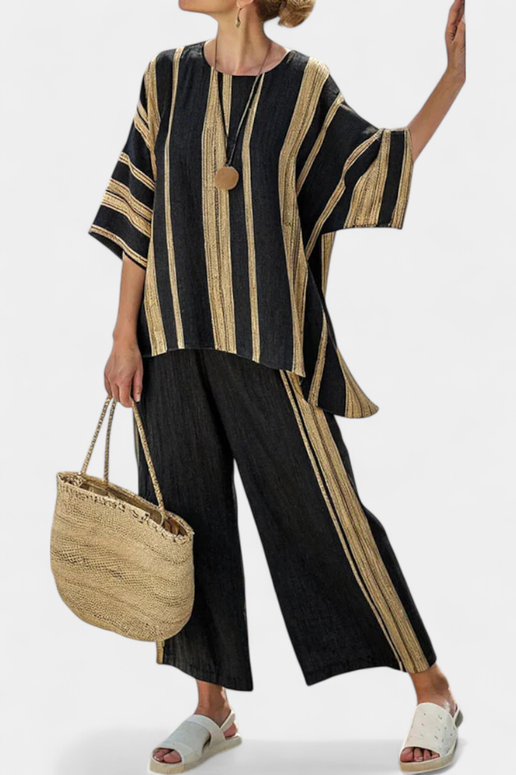 Calden | Haut rayé oversize confortable et pantalon décontracté en lin