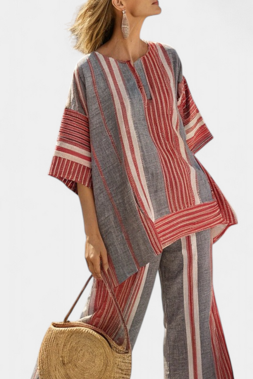 Bravine | Haut élégant en lin corail et gris et pantalon large