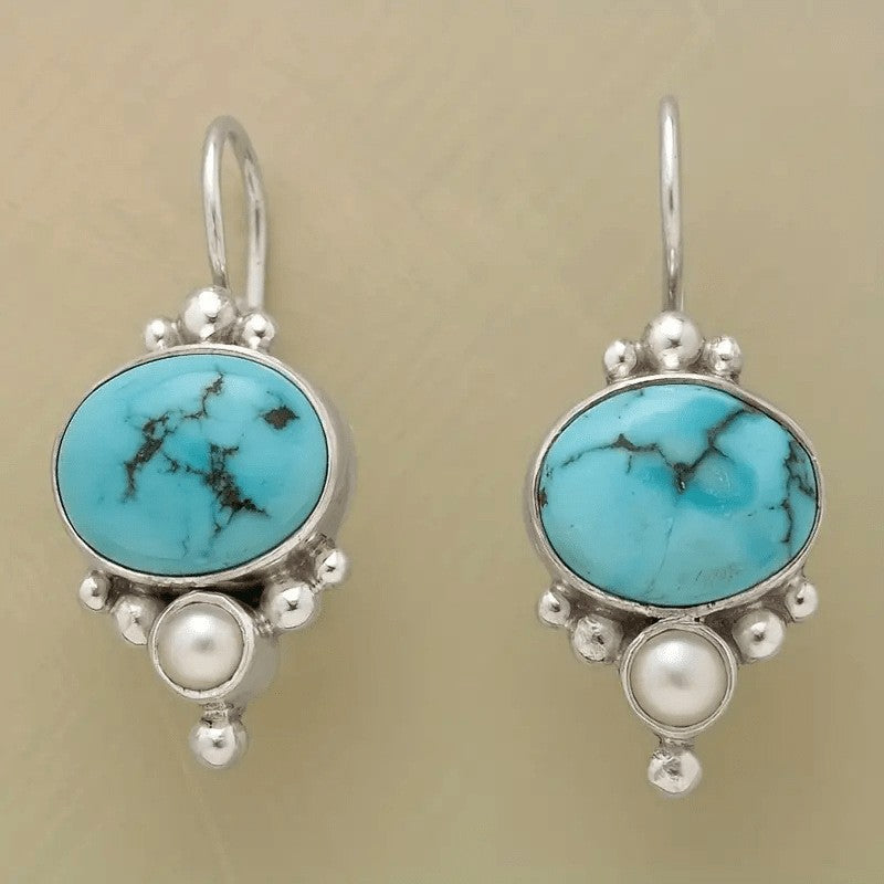 Pendientes colgantes vintage de turquesa y perla chapados en plata