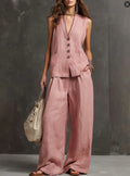 Ensemble deux pièces en coton et lin avec gilet sans manches et pantalon large