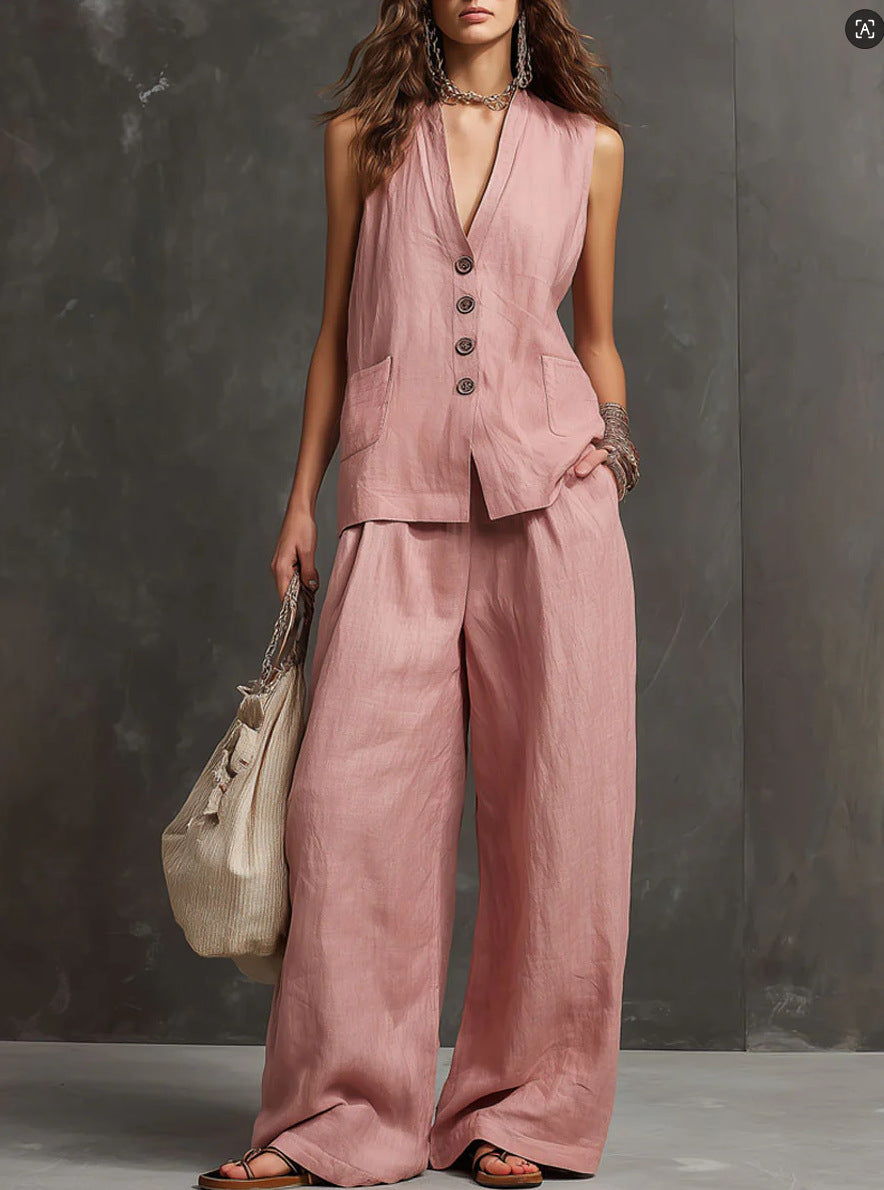 Ensemble deux pièces en coton et lin avec gilet sans manches et pantalon large