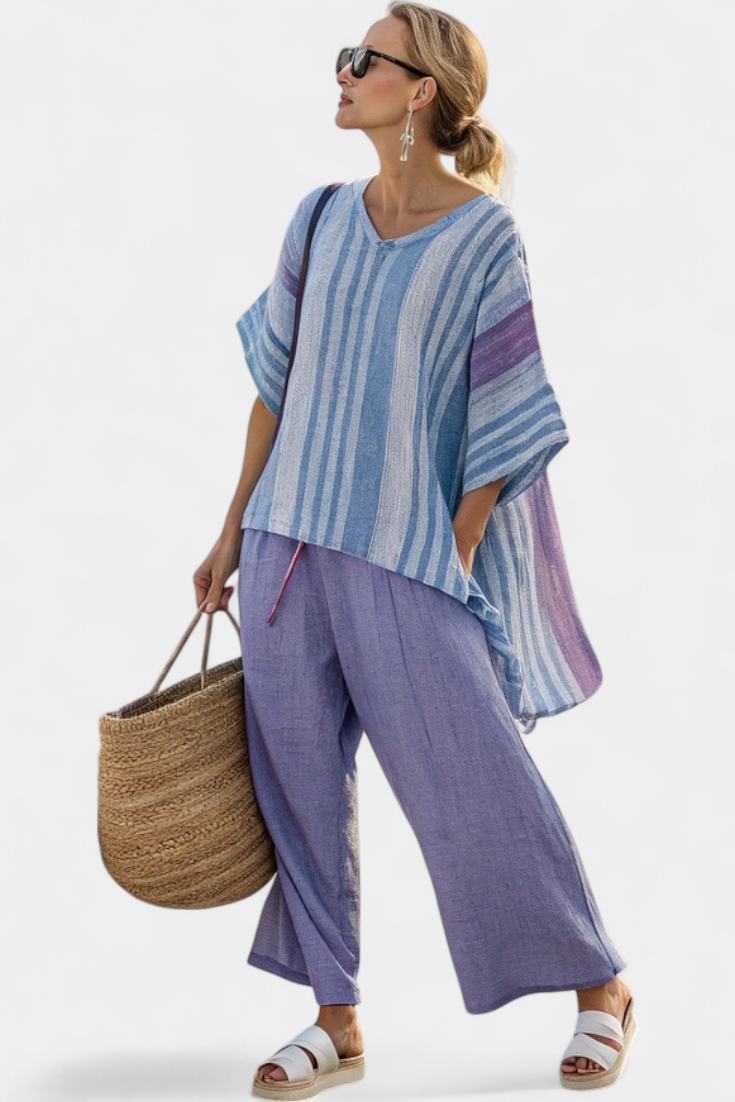 Zellora | Haut élégant lavande et bleu ciel et pantalon en lin