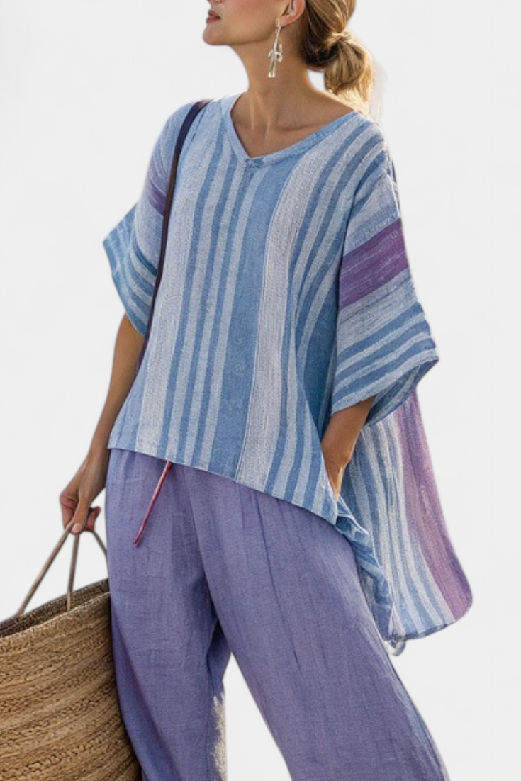 Zellora | Haut élégant lavande et bleu ciel et pantalon en lin