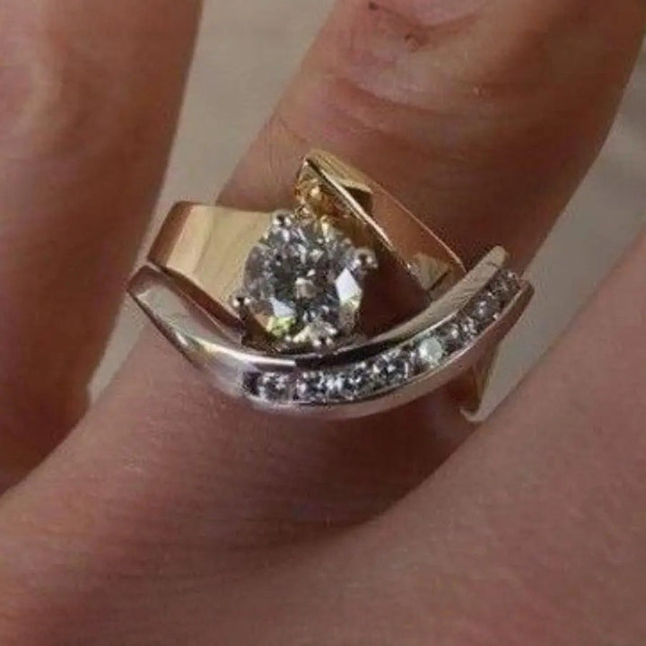 Elegant Two Tone Gold Round Cut Zirconia Swirl Ring