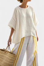 Anselor | Elegant Yellow Striped Linen Top & Wide-Leg Pants