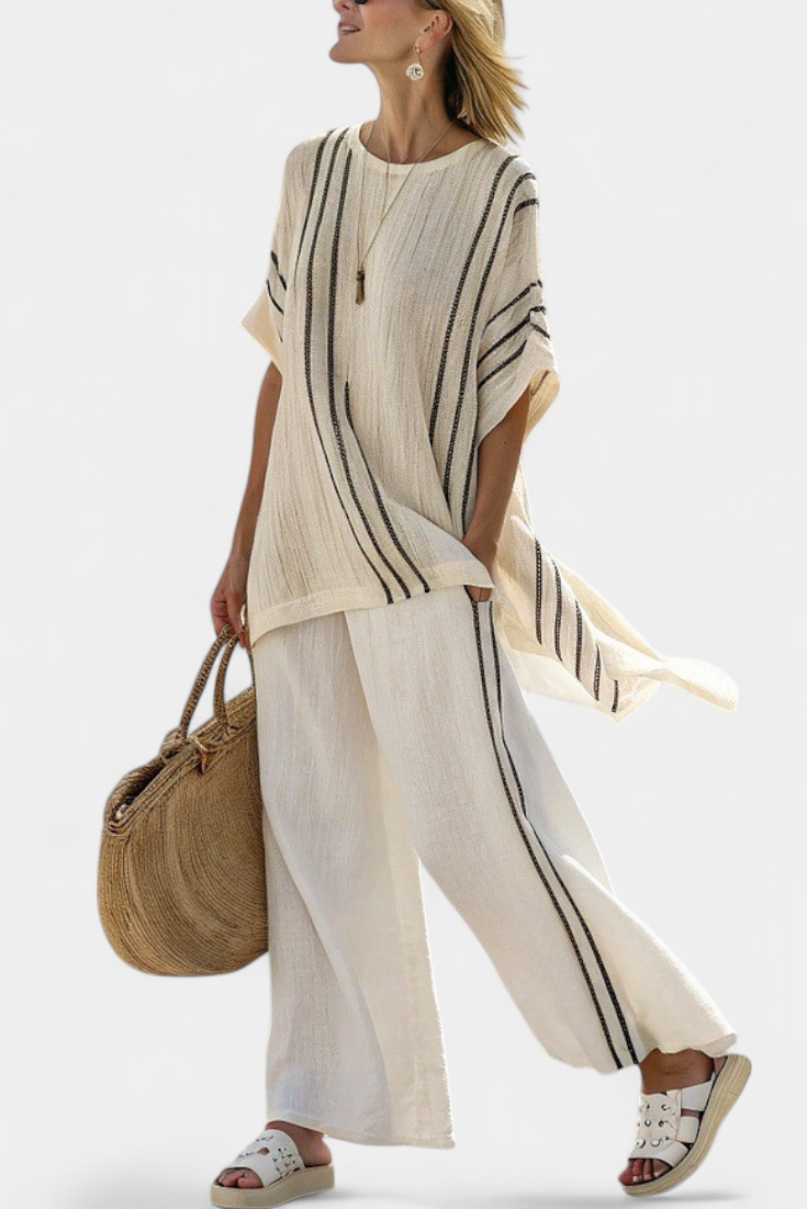 Greysen | Blusa elegante de linho marfim e calça listrada preta
