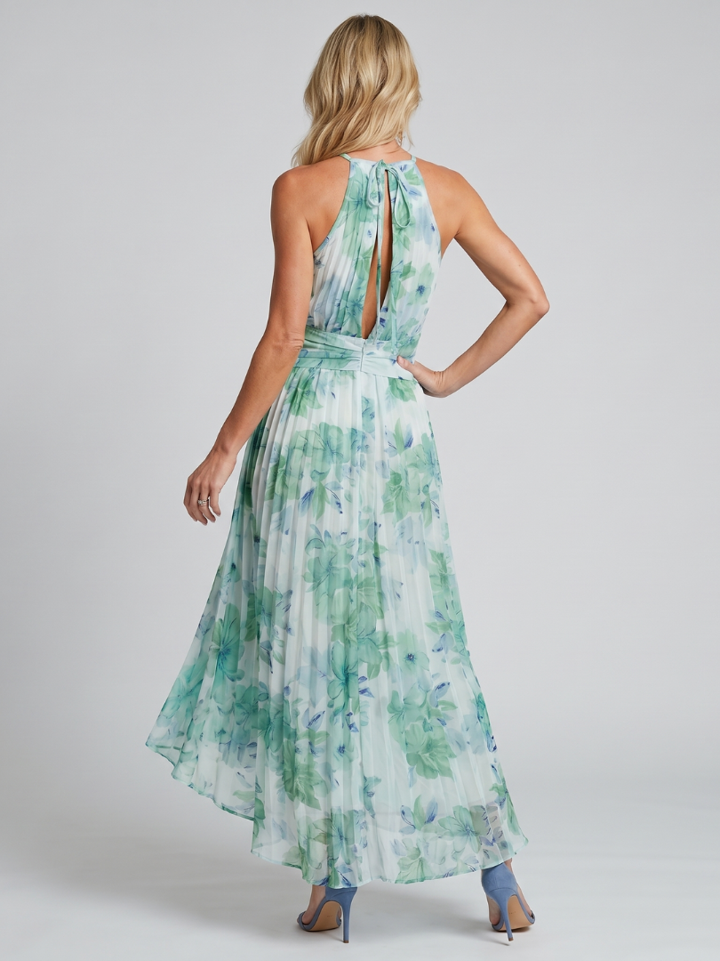 Portia | Vestido midi suave de flores, con cuello halter y corpiño plisado
