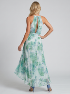 Portia | Vestido midi suave de flores, con cuello halter y corpiño plisado