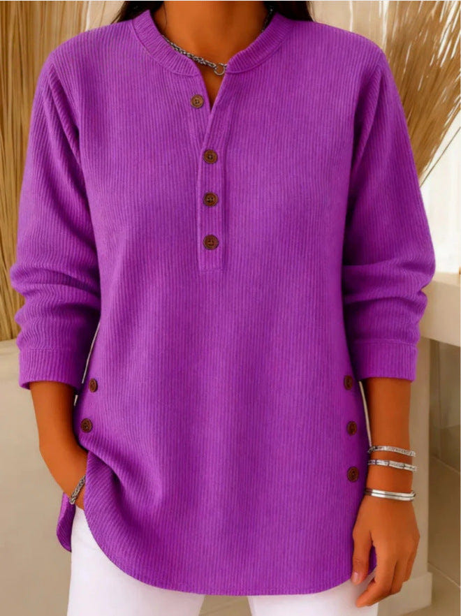 Ribbed Tunic Top with Henley Neckline and Side Button Detail