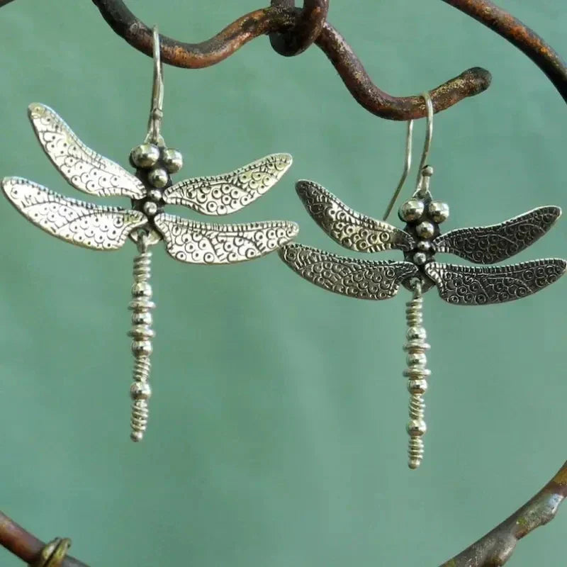 Boucles d’oreilles rétro vintage en argent, motif de libellule gravé