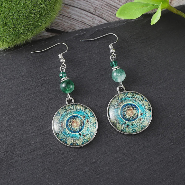 Pendientes colgantes bohemios con disco de vidrio mandala  