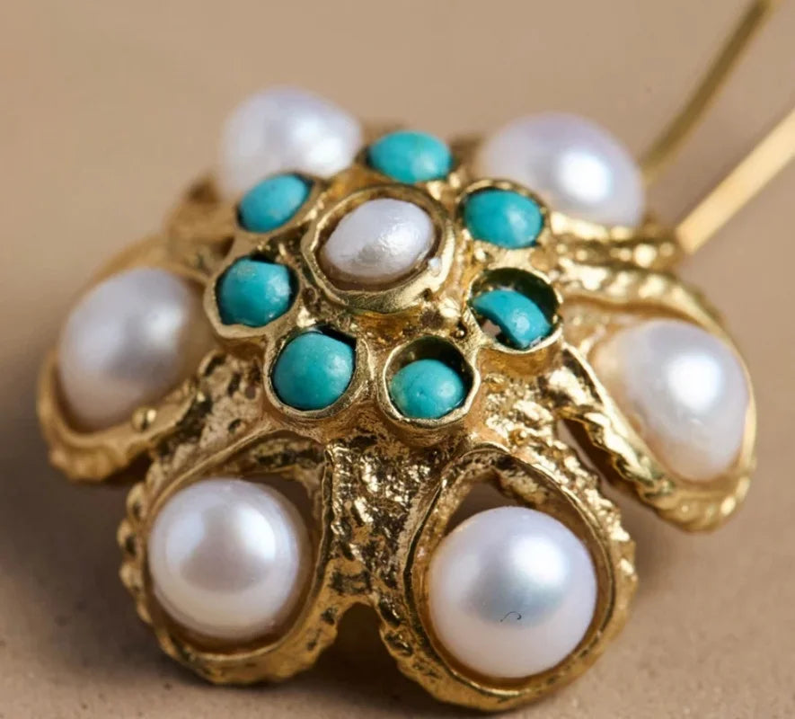 Pendientes vintage de racimo de perlas y turquesa