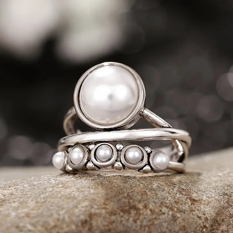 Classic Pearl & Silver Multi-Band Ring