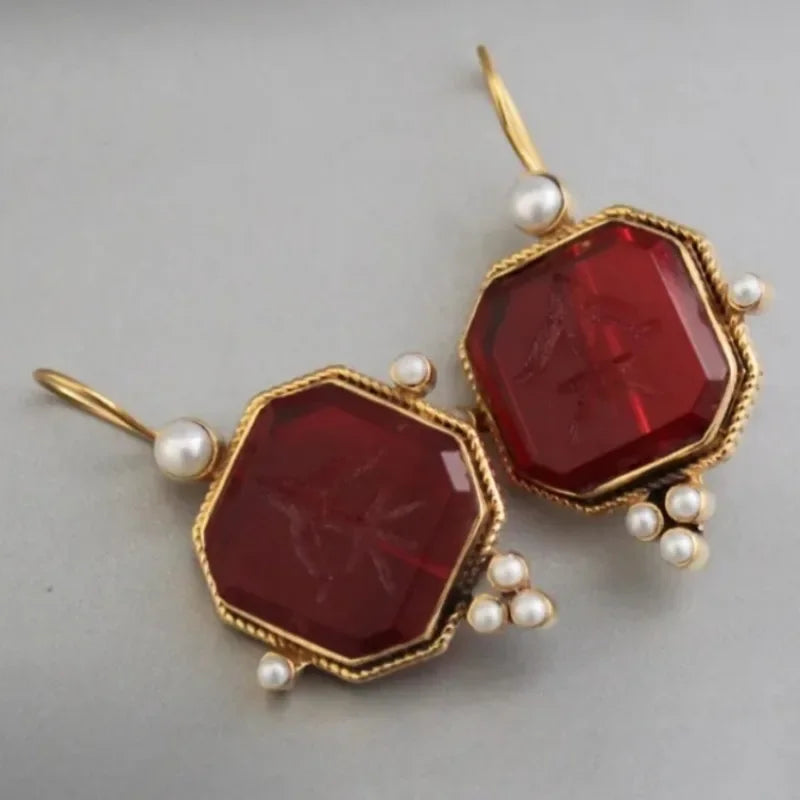 Pendientes colgantes vintage con colgante geométrico de perlas