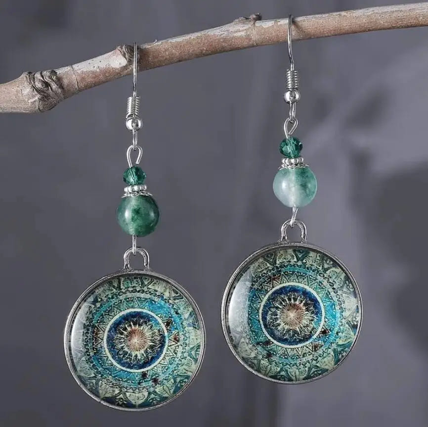 Pendientes colgantes de disco de vidrio con mandala, estilo bohemio