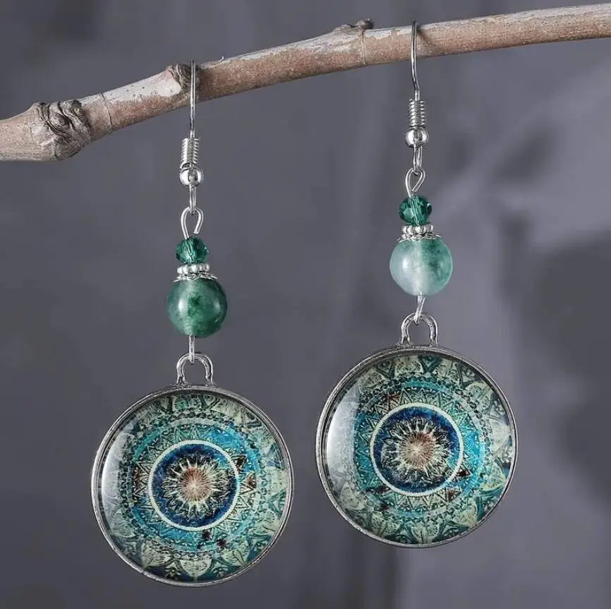 Pendientes colgantes bohemios con disco de vidrio mandala  