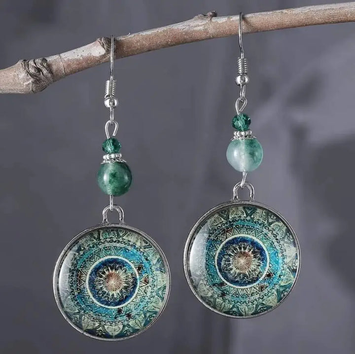Pendientes colgantes bohemios con disco de vidrio mandala  