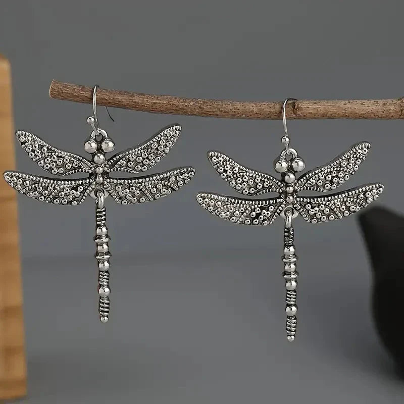 Boucles d’oreilles rétro vintage en argent, motif de libellule gravé