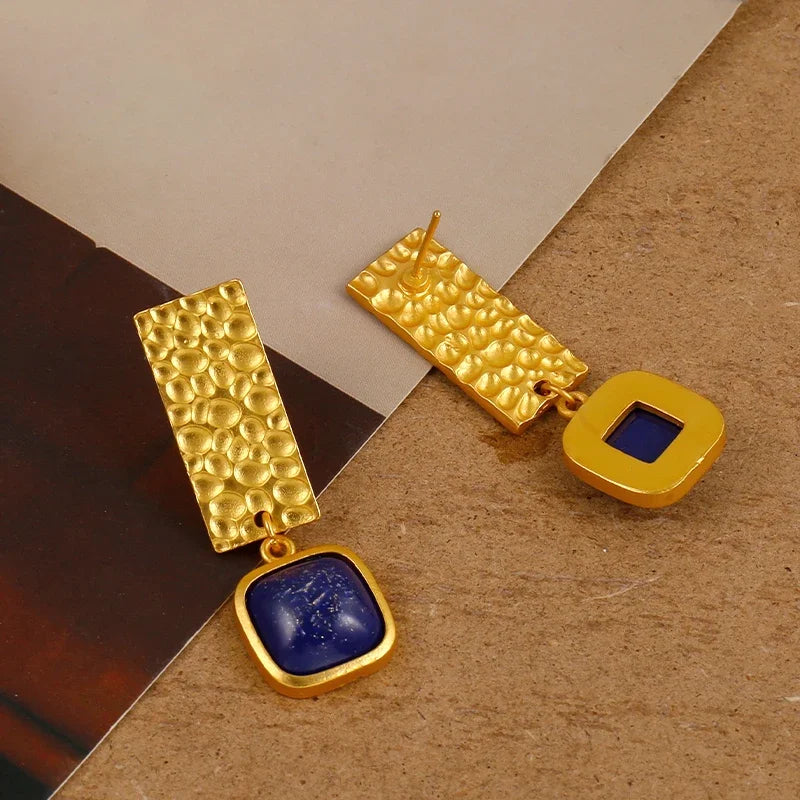 Pendientes colgantes cuadrados de lapislázuli estilo bohemio