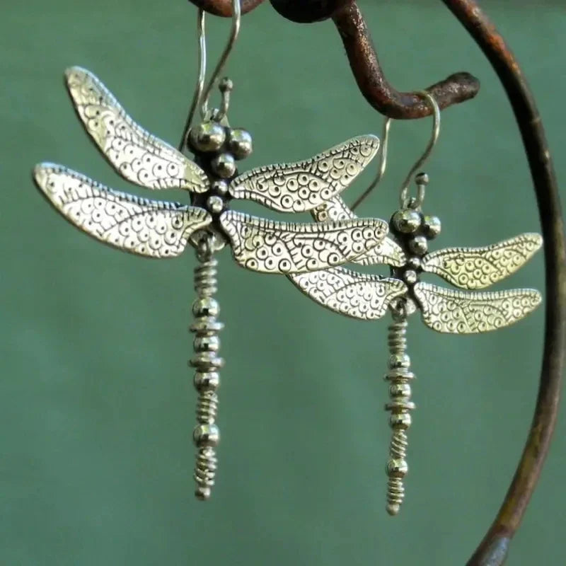 Boucles d’oreilles rétro vintage en argent, motif de libellule gravé