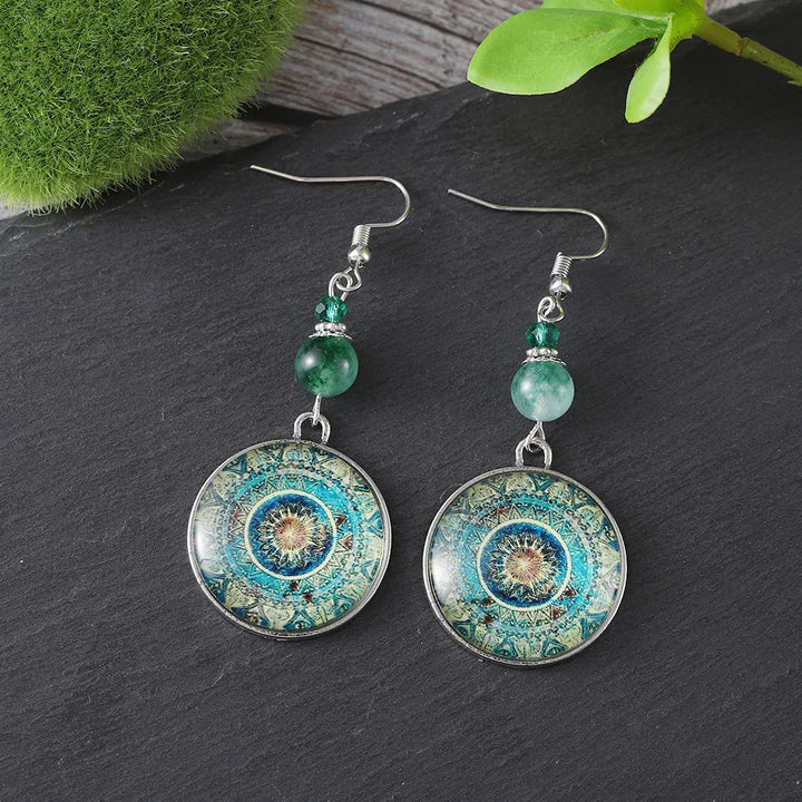 Pendientes colgantes bohemios con disco de vidrio mandala  