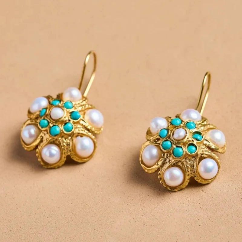 Pendientes vintage de racimo de perlas y turquesa