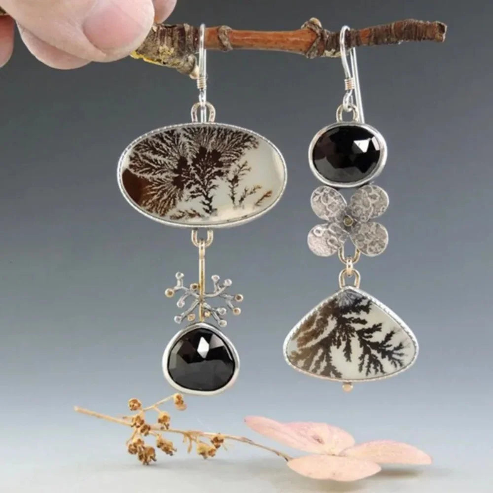 Pendientes de jardín de ágata dendrítica asimétricos