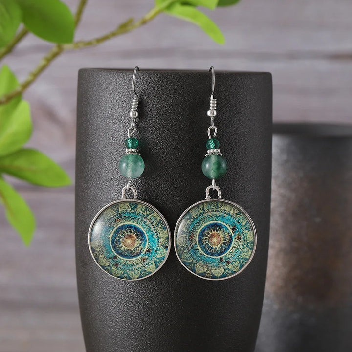 Pendientes colgantes bohemios con disco de vidrio mandala  