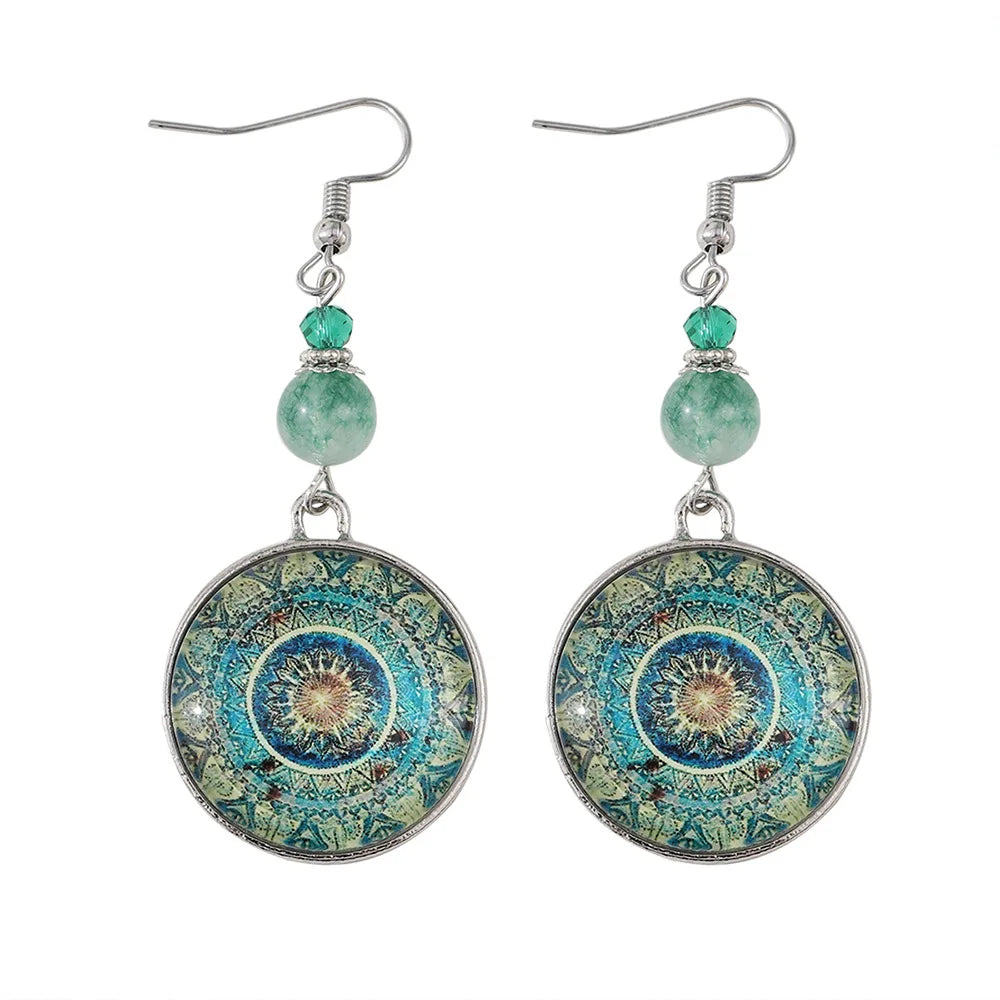 Pendientes colgantes bohemios con disco de vidrio mandala  