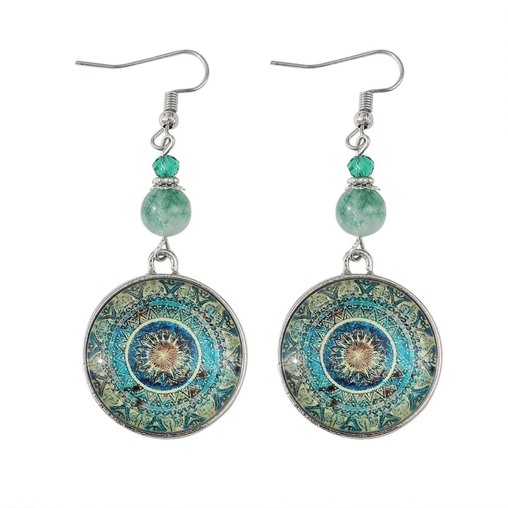 Pendientes colgantes bohemios con disco de vidrio mandala  