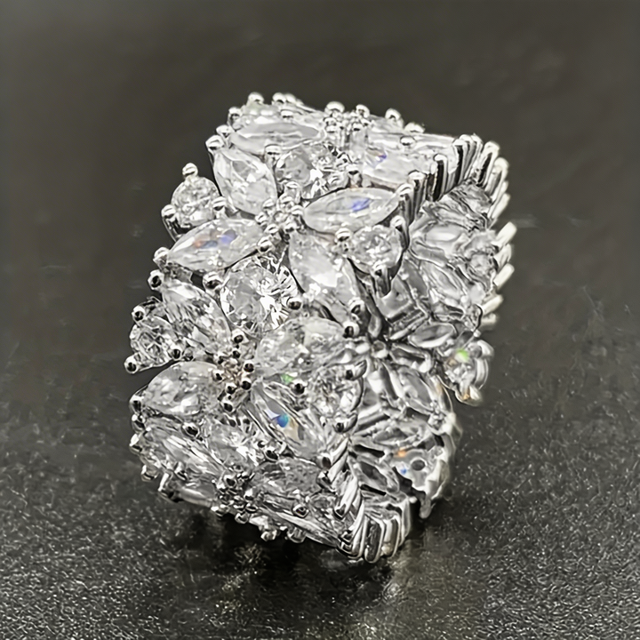 Stylish Wide Zirconia Floral Cluster Diamond Ring