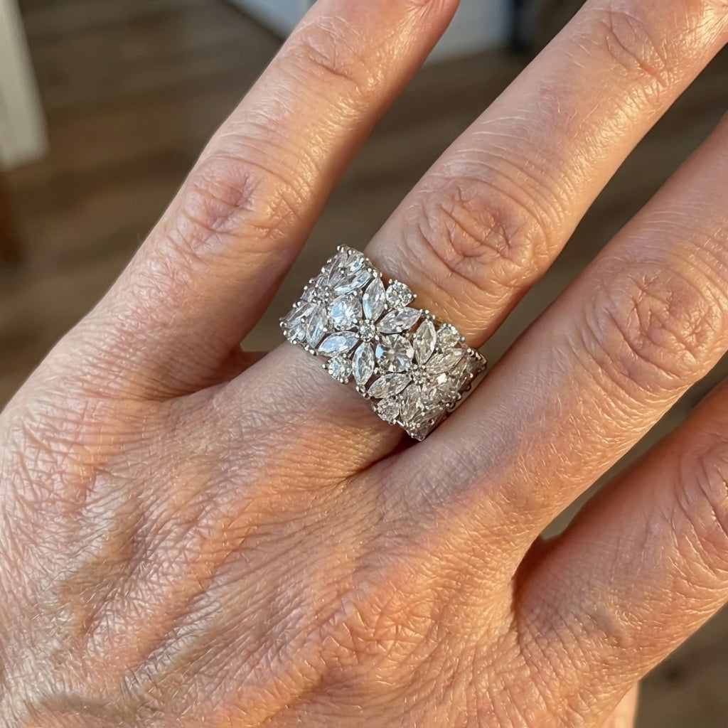 Stylish Wide Zirconia Floral Cluster Diamond Ring